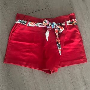 Zara Red High-Waist Skort with Floral Printed Tie Belt